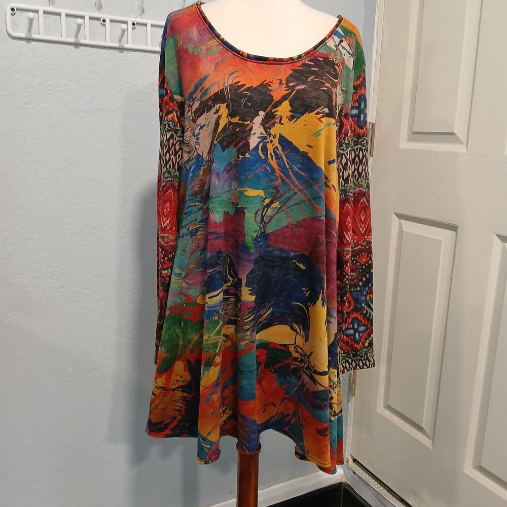 Amma Made In LA Women's Tunic Top 3/4 Sleeve Shirt  multicolor, Abstract 3X Art